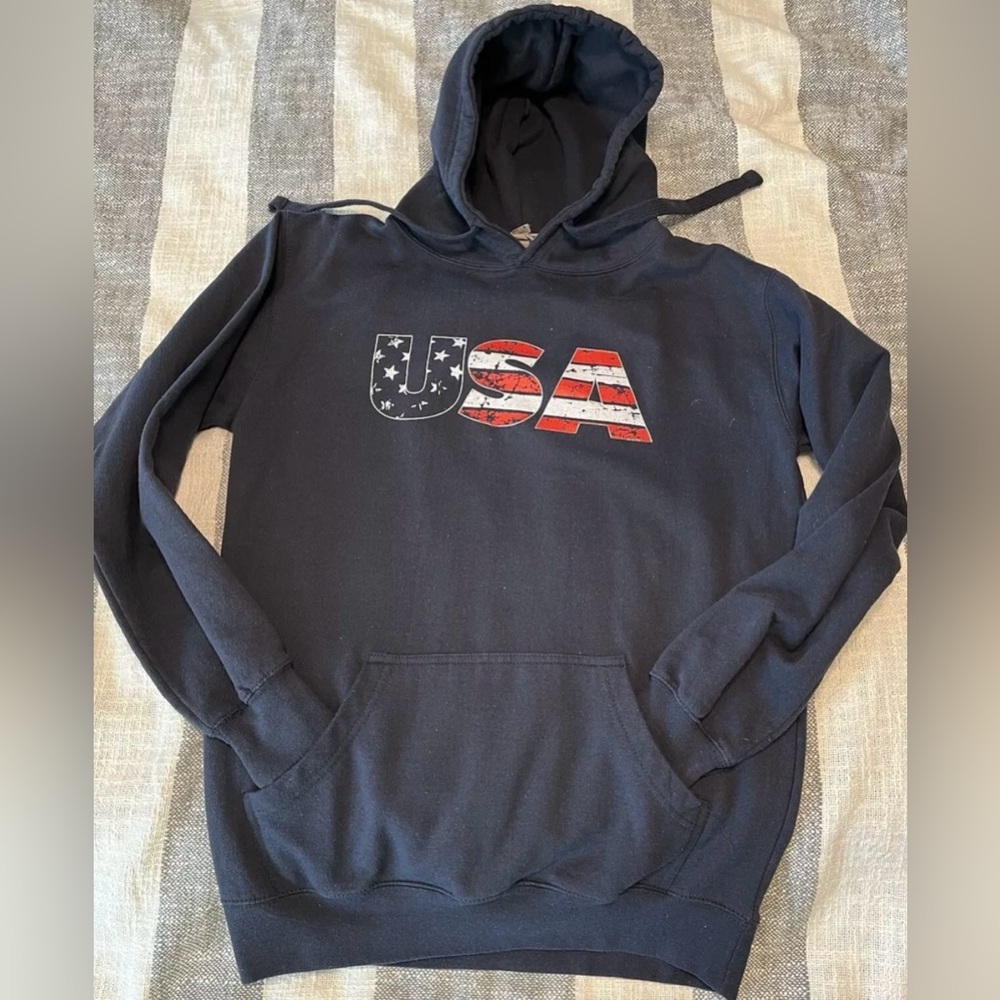 Mill Tex USA Navy Blue Hoodie Sweatshirt SZ M Front Pocket Pullover Unisex